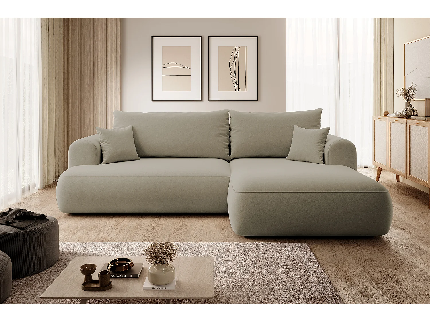 Canapé d'angle - 260 cm - avec fonction de couchage en forme de L - avec coffre - beige velours - côté droit - OVO