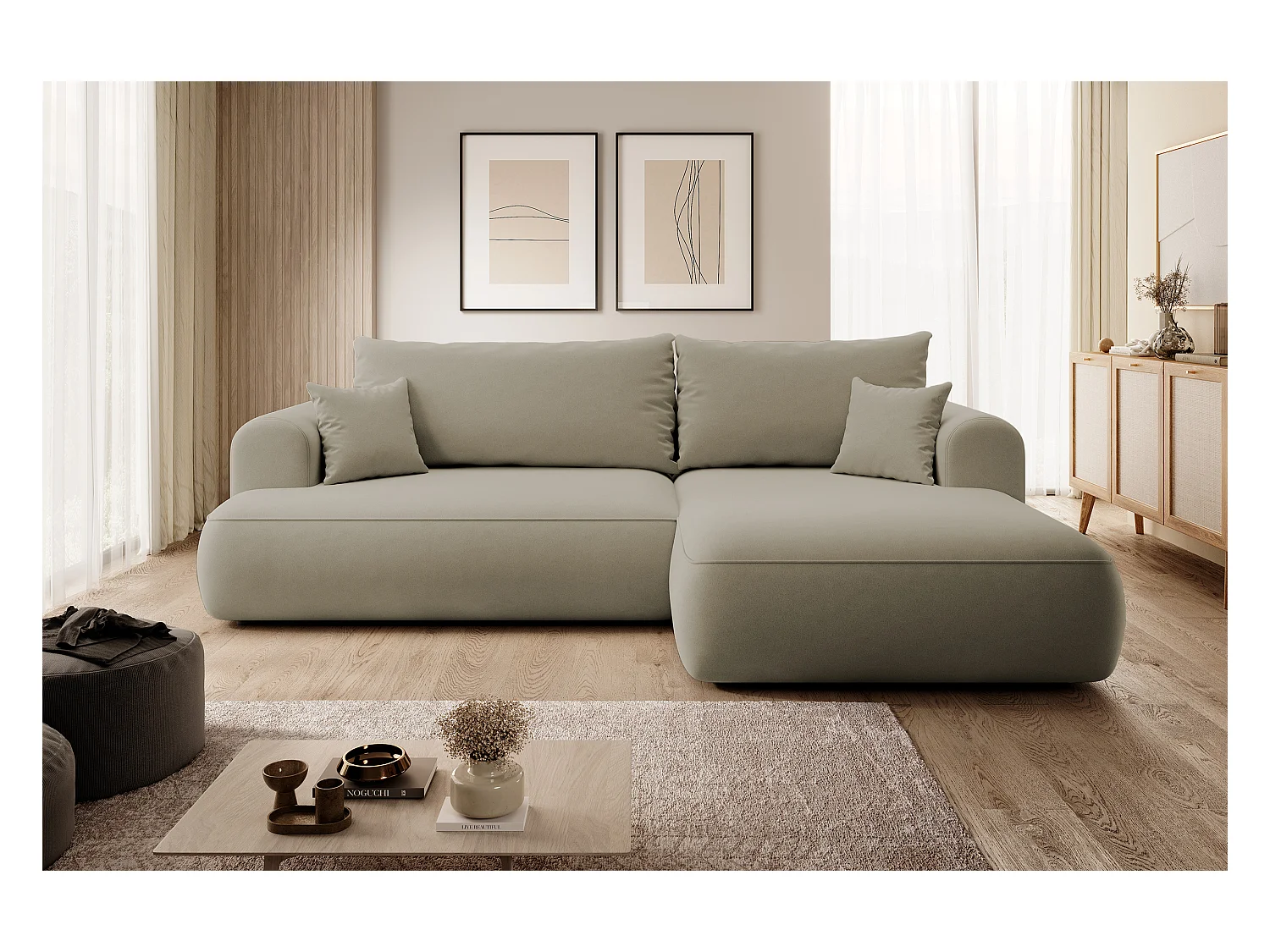 Canapé d'angle - 260 cm - avec fonction de couchage en forme de L - avec coffre - beige velours - côté droit - OVO