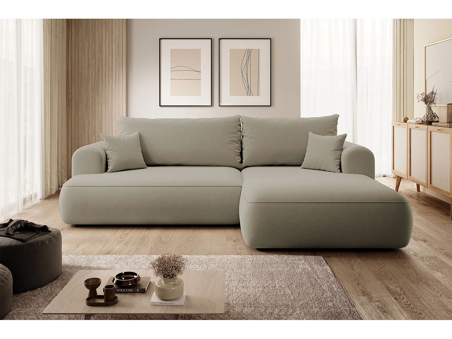 Canapé d'angle - 260 cm - avec fonction de couchage en forme de L - avec coffre - beige velours - côté droit - OVO