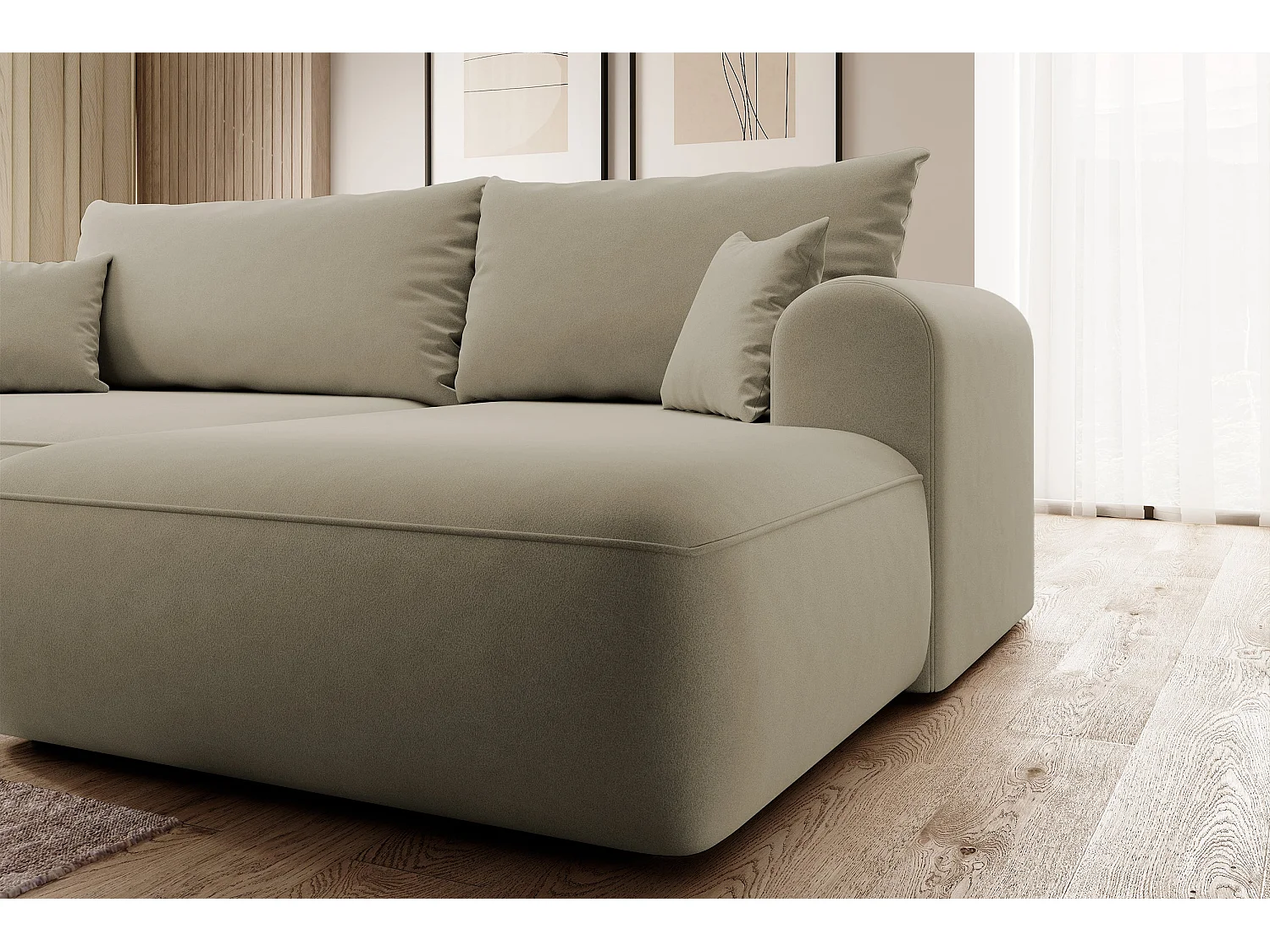 Ecksofa mit Schlaffunktion - Bettkasten - Ottomane rechts - Easy-Clean-Veloursbezug in Beige - OVO