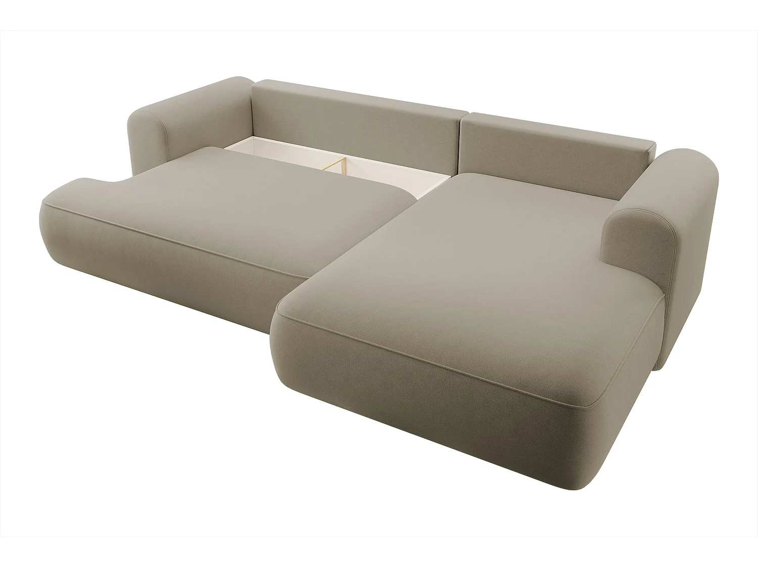 Ecksofa mit Schlaffunktion - Bettkasten - Ottomane rechts - Easy-Clean-Veloursbezug in Beige - OVO