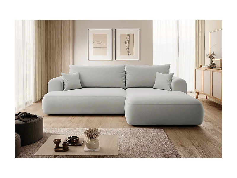 Ecksofa mit Schlaffunktion - Bettkasten - Ottomane rechts - Easy-Clean-Veloursbezug in Grau - OVO