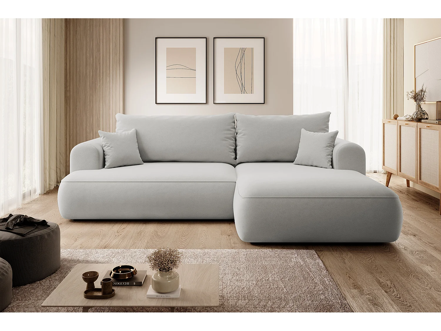 Ecksofa mit Schlaffunktion - Bettkasten - Ottomane rechts - Easy-Clean-Veloursbezug in Grau - OVO