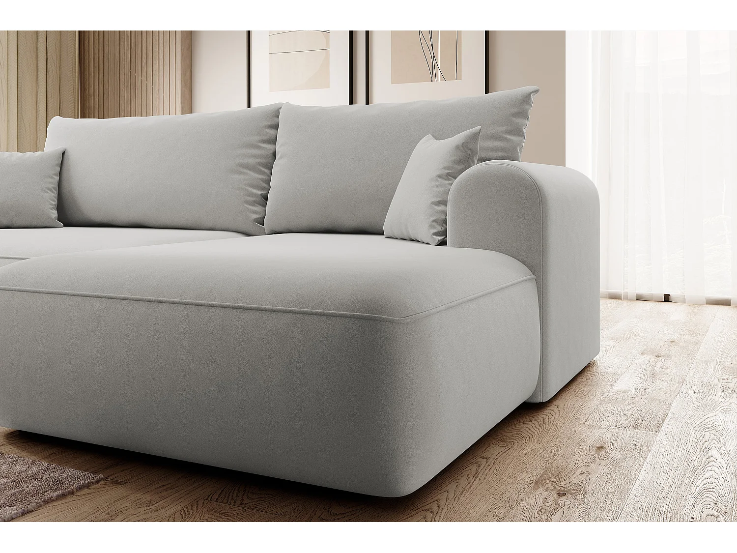 Ecksofa mit Schlaffunktion - Bettkasten - Ottomane rechts - Easy-Clean-Veloursbezug in Grau - OVO
