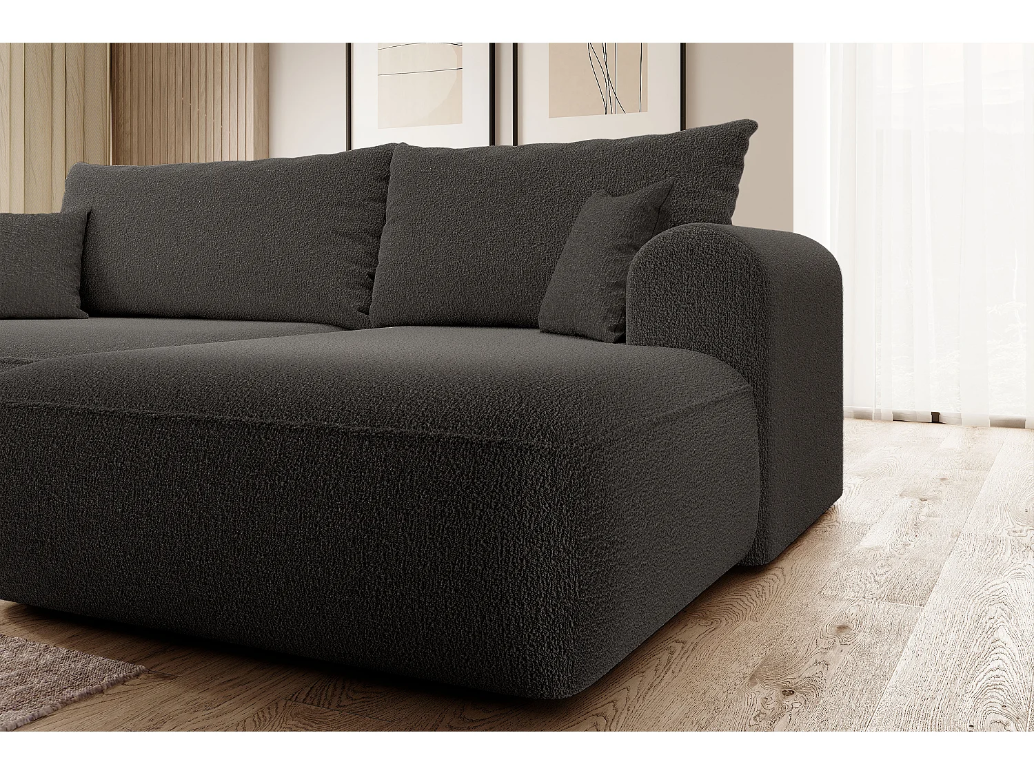 Canapé d'angle - 260 cm - avec fonction de couchage en forme de L - avec coffre - crème boucle - côté droit - OVO