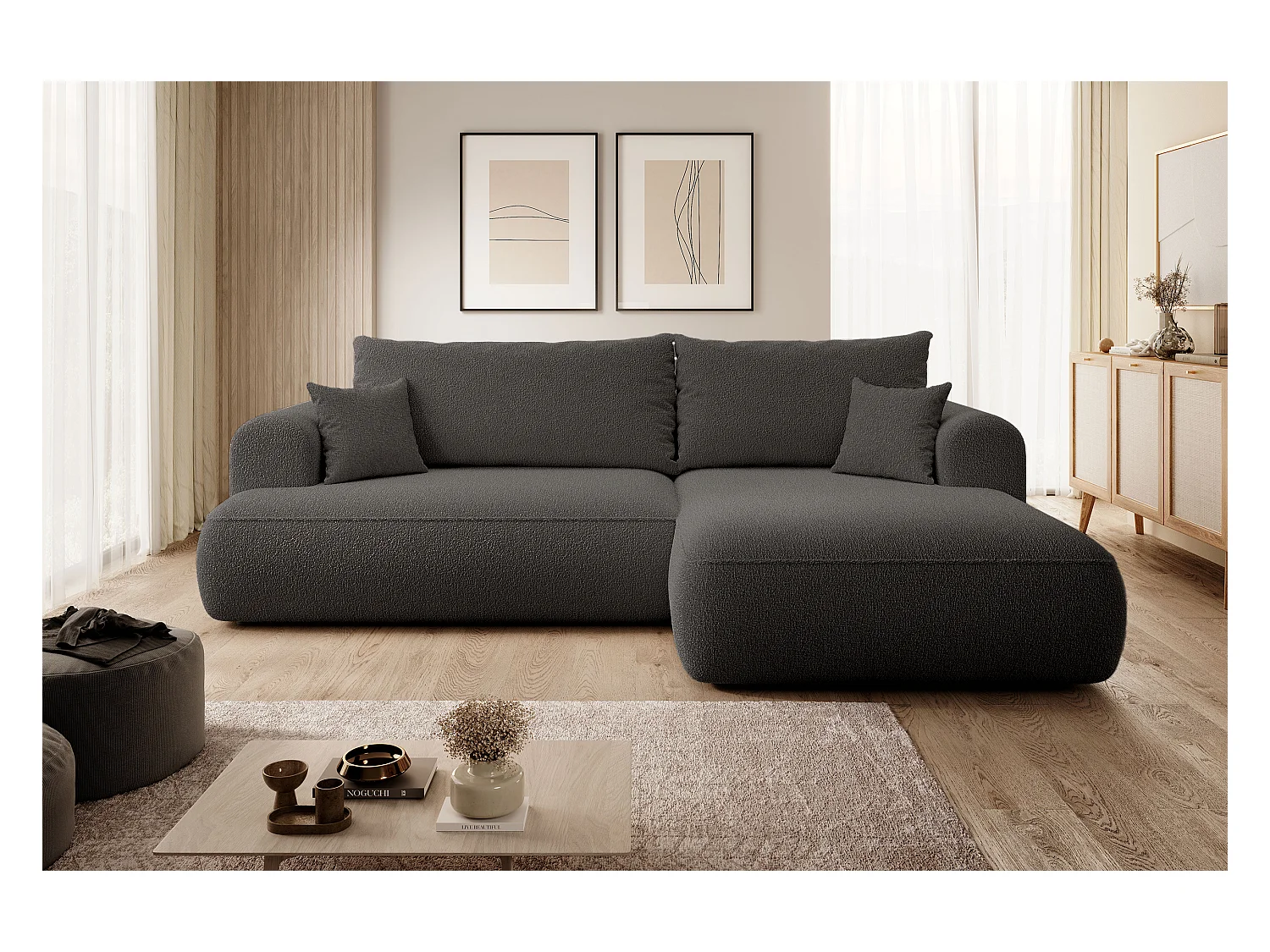 Canapé d'angle - 260 cm - avec fonction de couchage en forme de L - avec coffre - crème boucle - côté droit - OVO