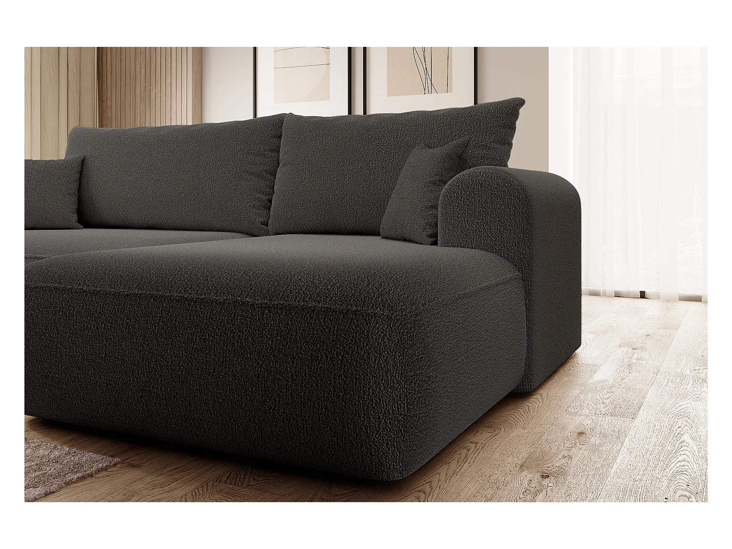 Ecksofa mit Schlaffunktion - Bettkasten - Ottomane rechts - Boucle-Bezug in Dunkelgrau - OVO