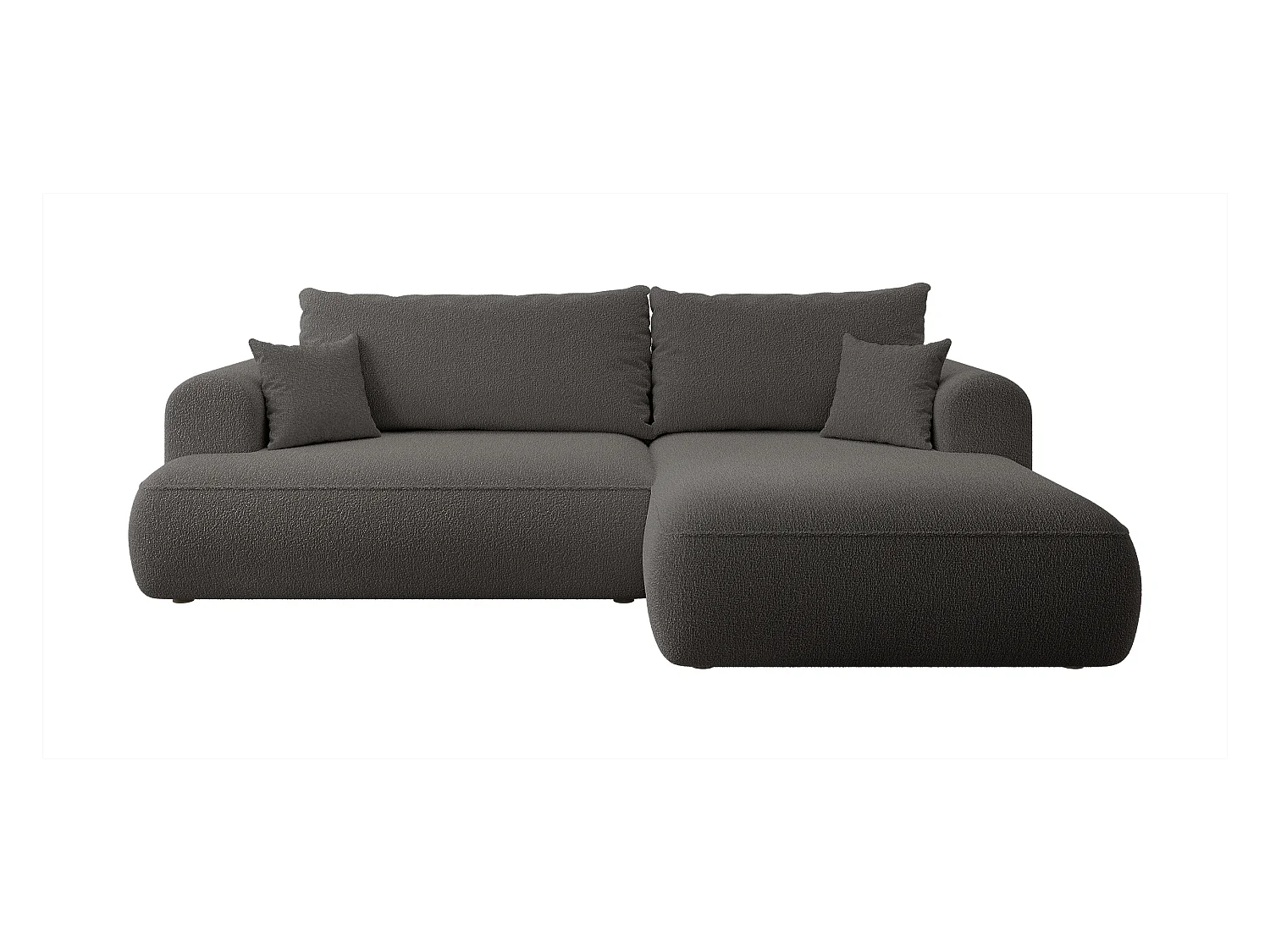 Ecksofa mit Schlaffunktion - Bettkasten - Ottomane rechts - Boucle-Bezug in Dunkelgrau - OVO