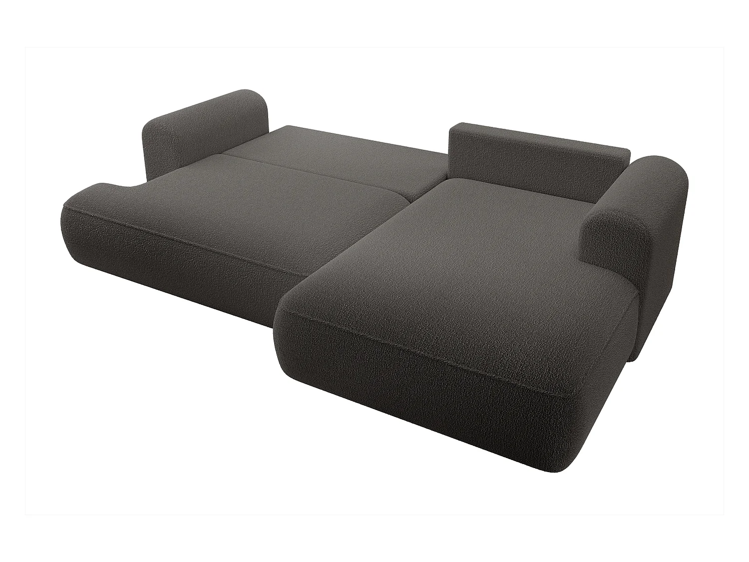 Ecksofa mit Schlaffunktion - Bettkasten - Ottomane rechts - Boucle-Bezug in Dunkelgrau - OVO