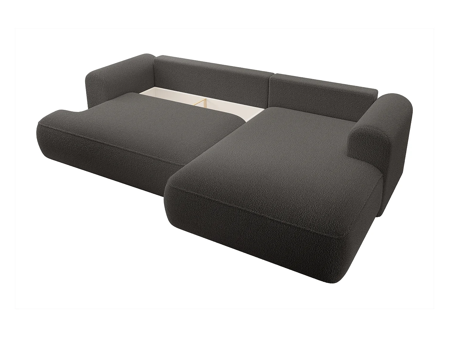 Ecksofa mit Schlaffunktion - Bettkasten - Ottomane rechts - Boucle-Bezug in Dunkelgrau - OVO