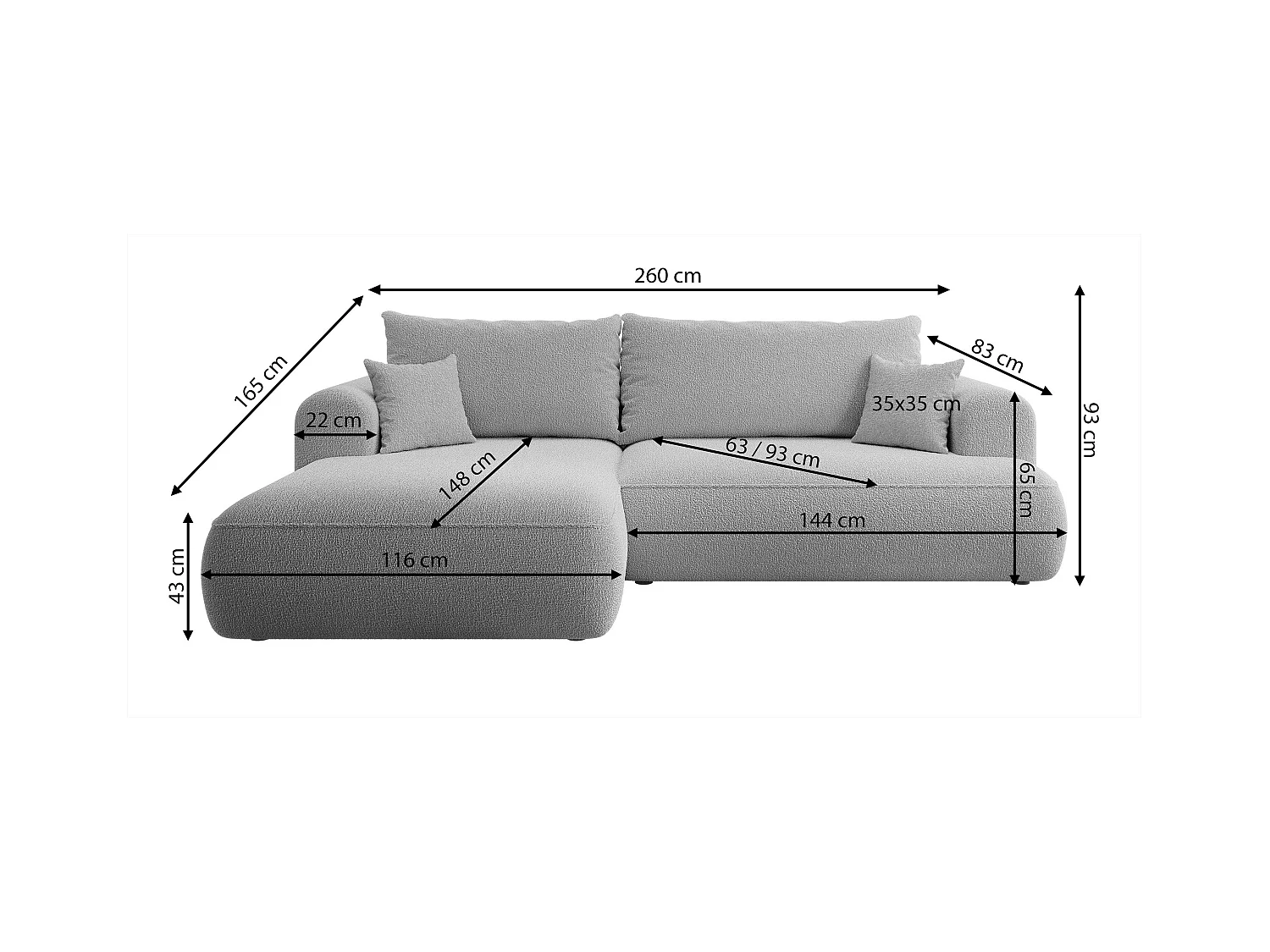 Ecksofa mit Schlaffunktion - Bettkasten - Ottomane rechts - Boucle-Bezug in Dunkelgrau - OVO