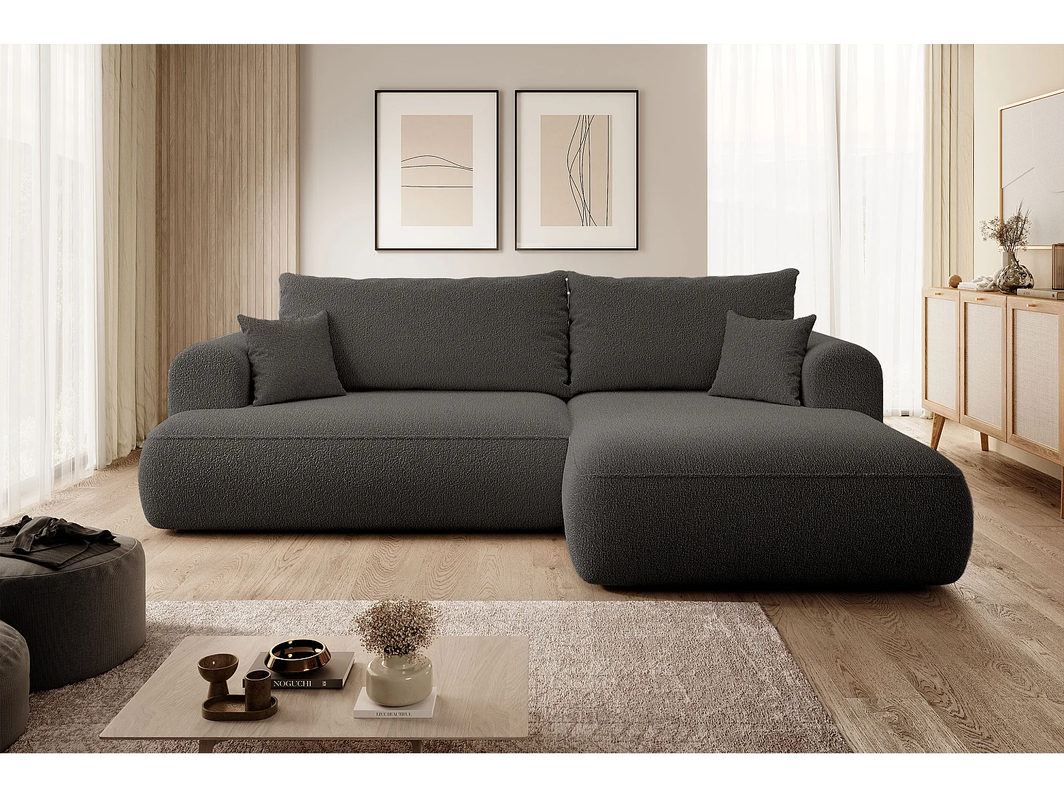 Ecksofa mit Schlaffunktion - Bettkasten - Ottomane rechts - Boucle-Bezug in Dunkelgrau - OVO
