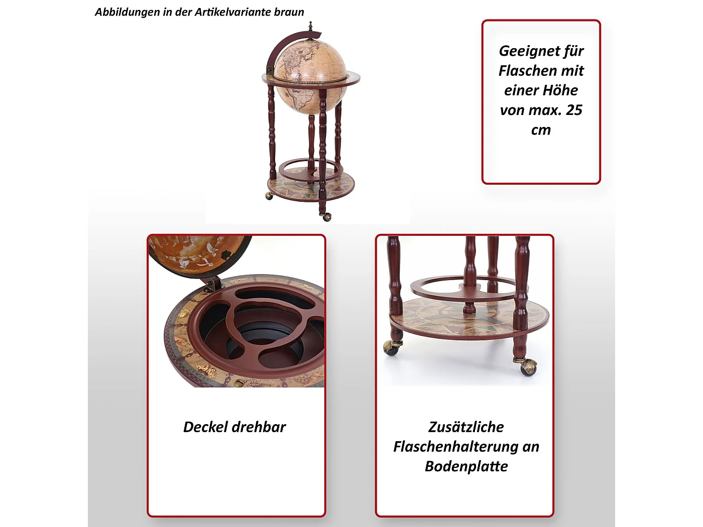 Globusbar MCW-D83 verrijdbaar,  naturel bruin