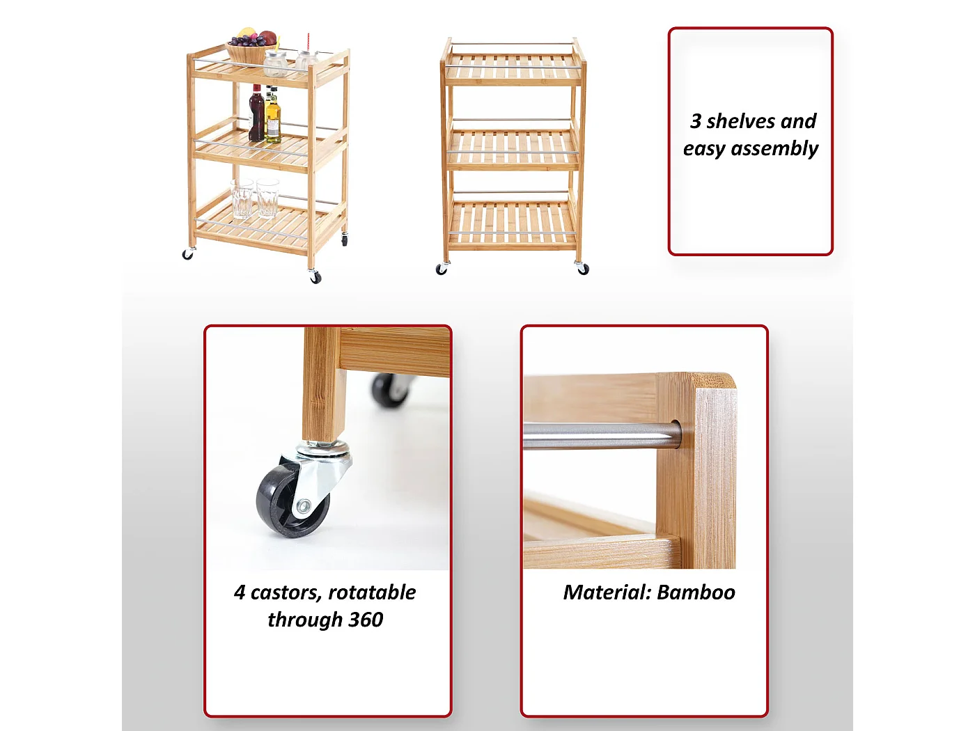 Chariot à roulettes MCW-D91 3 niveaux Bambou