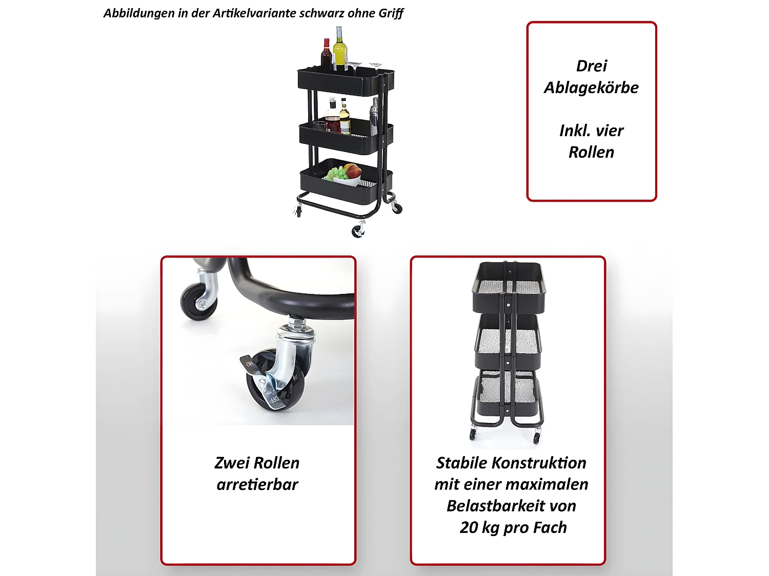 Carrello da portata cucina MCW-C64 metallo 37x44x79cm nero