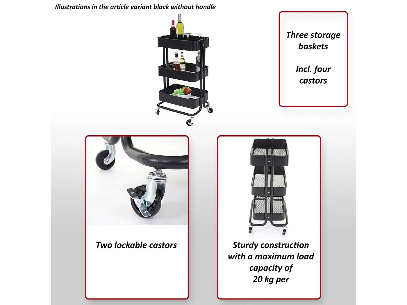 Chariot de service MCW-C64 avec poignée,  noir