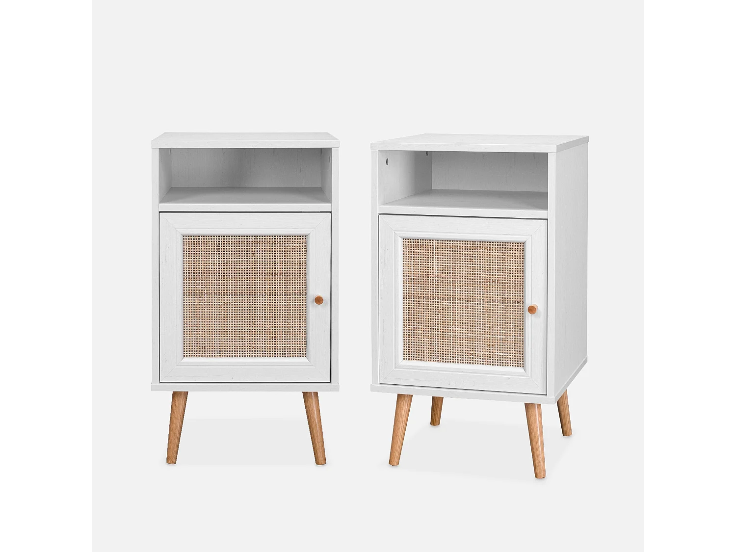 Mesita de noche escandinava con efecto madera y caña, set de 2 blanco