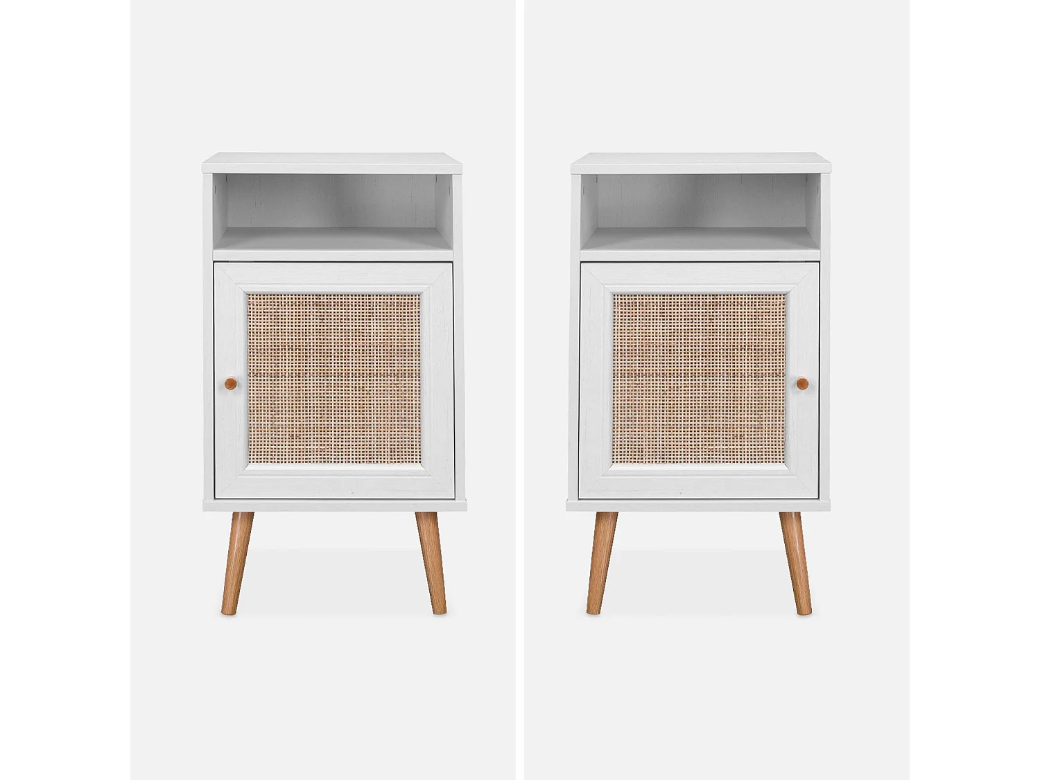 Mesita de noche escandinava con efecto madera y caña, set de 2 blanco