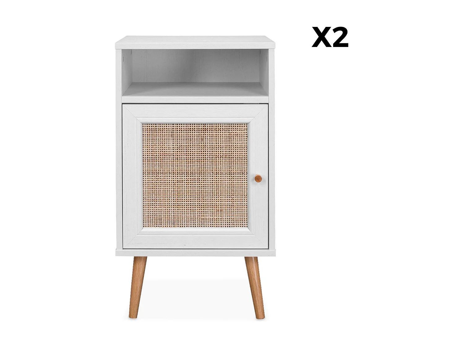 Mesita de noche escandinava con efecto madera y caña, set de 2 blanco