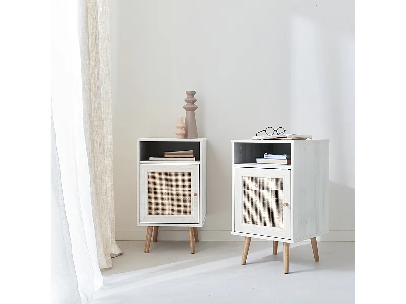Lot de 2 tables de chevet en cannage - Bohème - 40x39x65.8cm Blanc  - 2 niveaux - 1 portes - 1 espace de rangement - pieds scandinaves