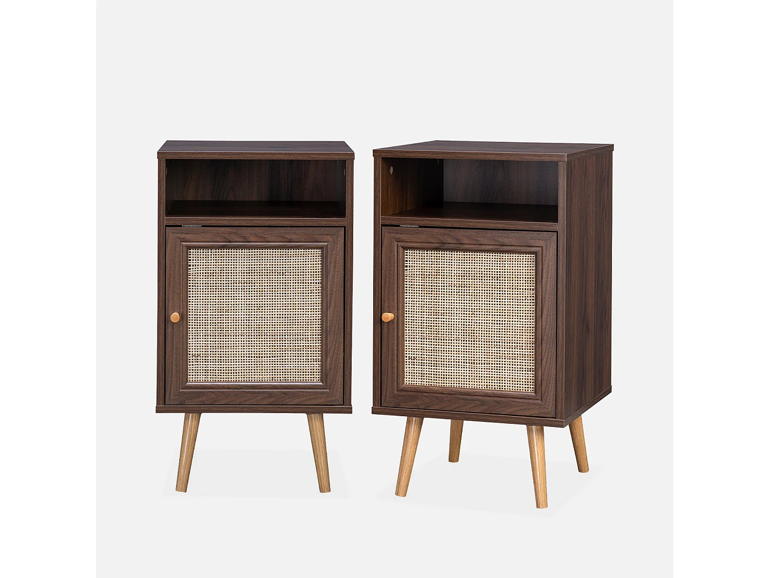 Mesita de noche escandinava con efecto madera y caña, set de 2 madera