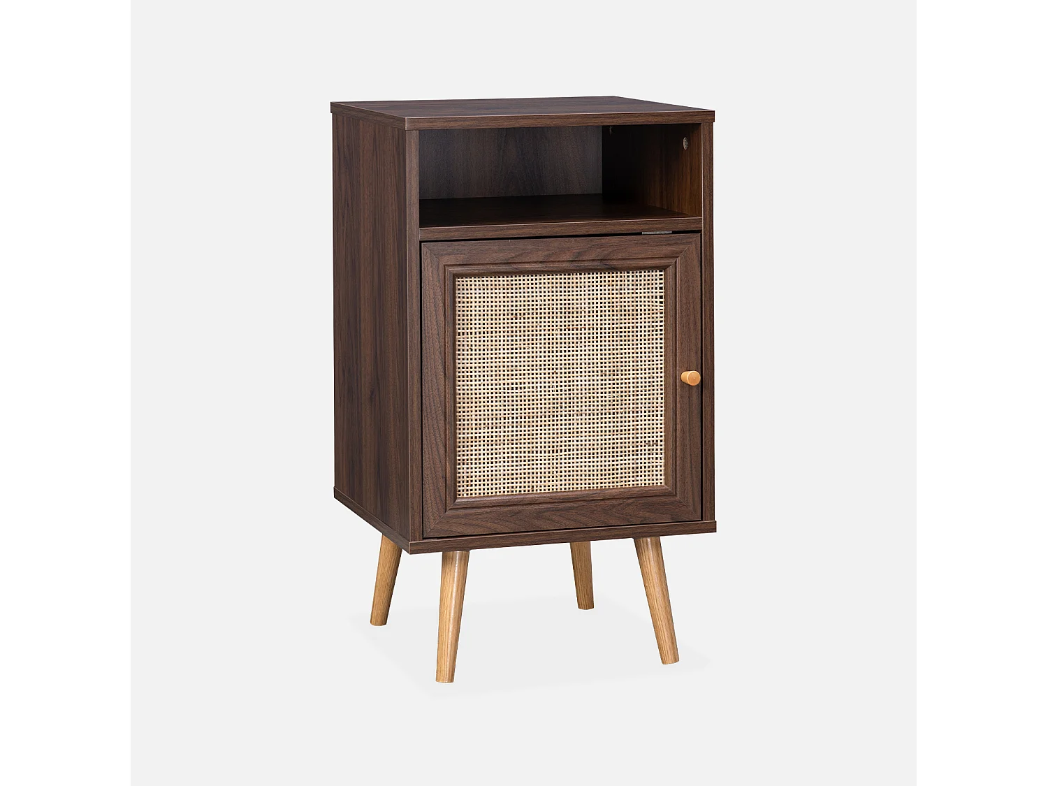 Lot de 2 tables de chevet en cannage - Bohème - 40x39x70cm couleur bois foncé  - 2 niveaux - 1 portes - 1 espace de rangement - pieds scandinaves