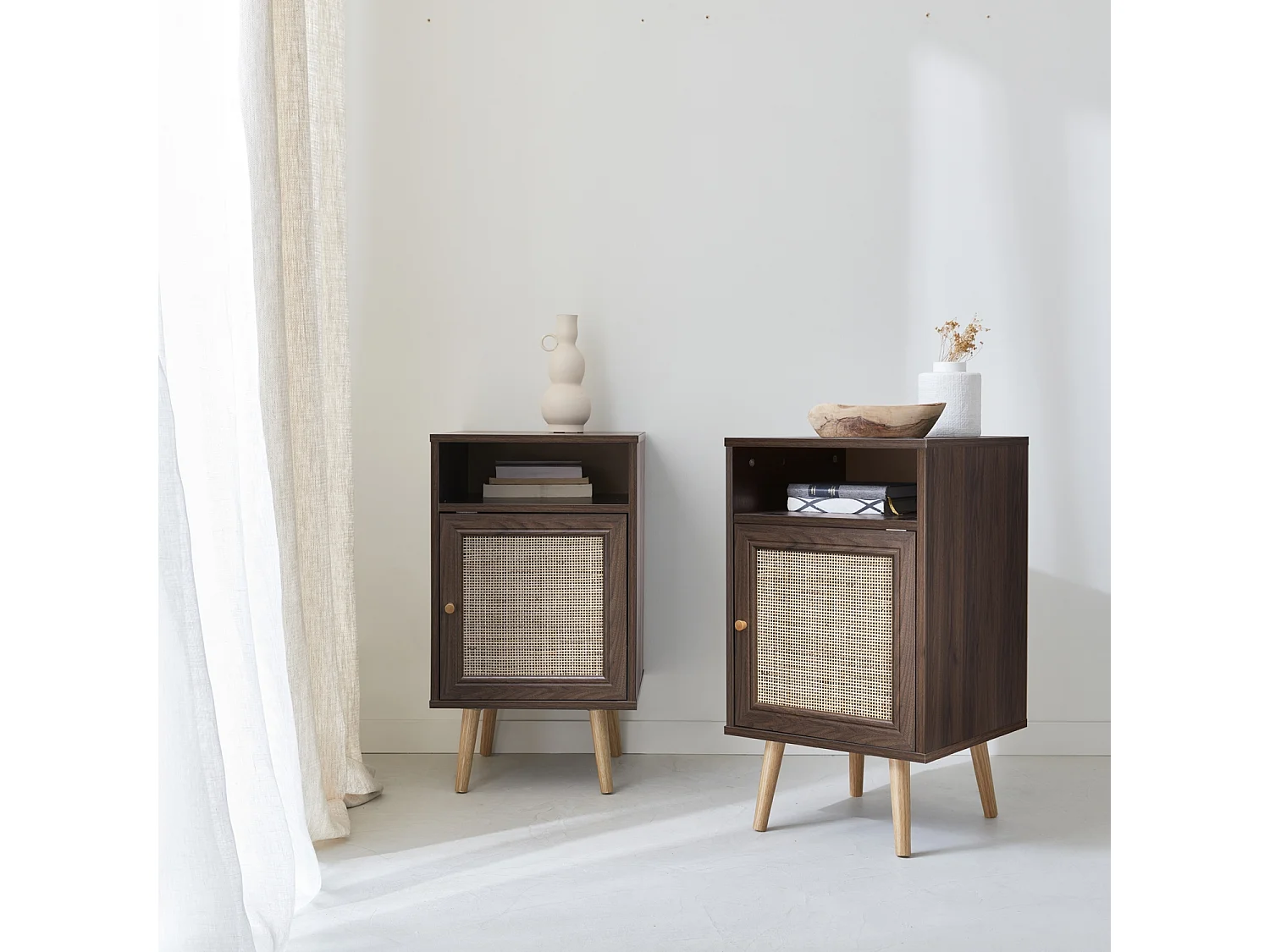 Mesita de noche escandinava con efecto madera y caña, set de 2 madera