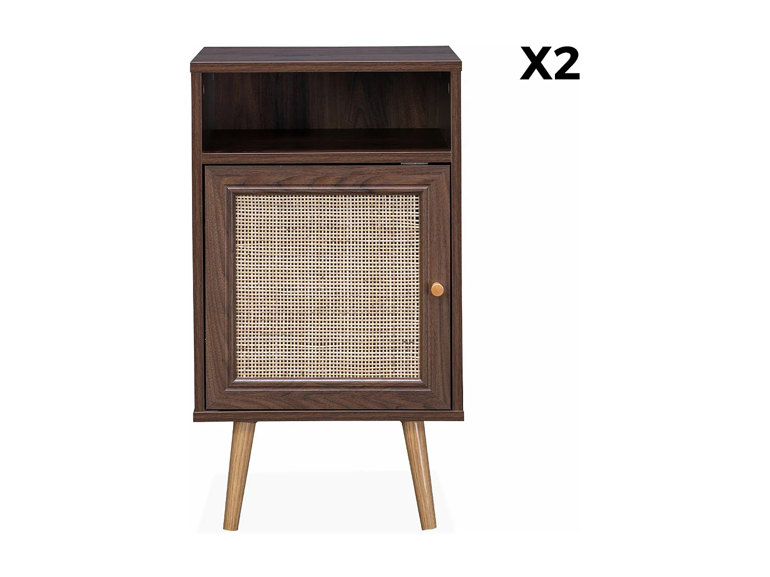 Lot de 2 tables de chevet en cannage - Bohème - 40x39x70cm couleur bois foncé  - 2 niveaux - 1 portes - 1 espace de rangement - pieds scandinaves