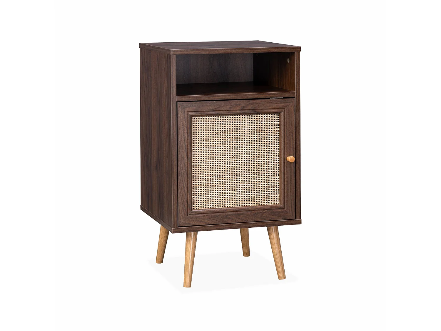 Lot de 2 tables de chevet en cannage - Bohème - 40x39x70cm couleur bois foncé  - 2 niveaux - 1 portes - 1 espace de rangement - pieds scandinaves