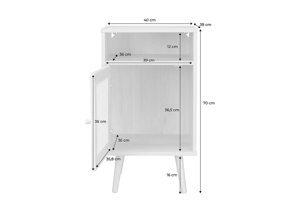 Lot de 2 tables de chevet en cannage - Bohème - 40x39x70cm couleur bois foncé  - 2 niveaux - 1 portes - 1 espace de rangement - pieds scandinaves