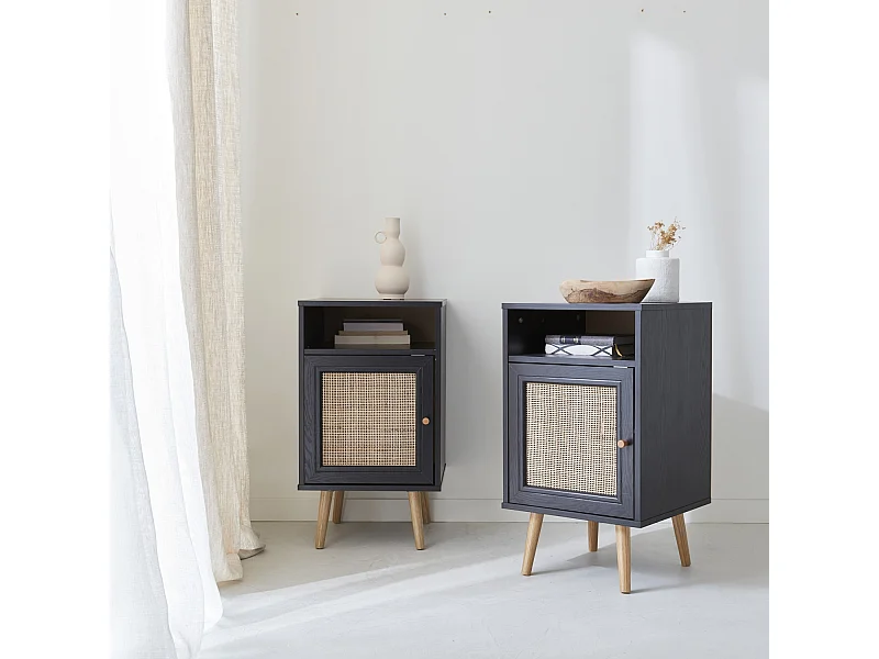 Lot de 2 tables de chevet en cannage - Bohème - 40x39x70cm Noir  - 2 niveaux - 1 portes - 1 espace de rangement - pieds scandinaves