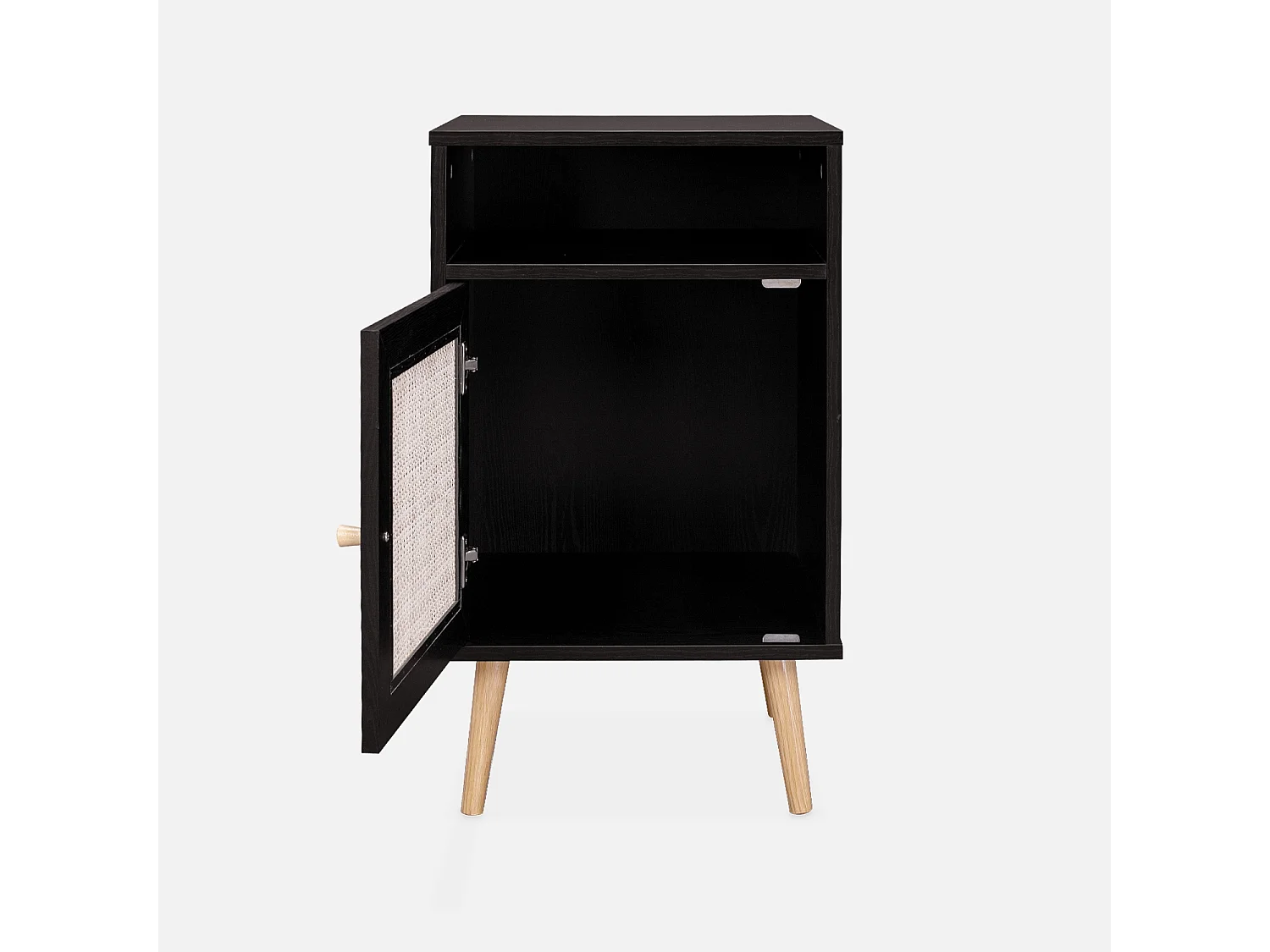 Mesita de noche escandinava con efecto madera y caña, set de 2 negro