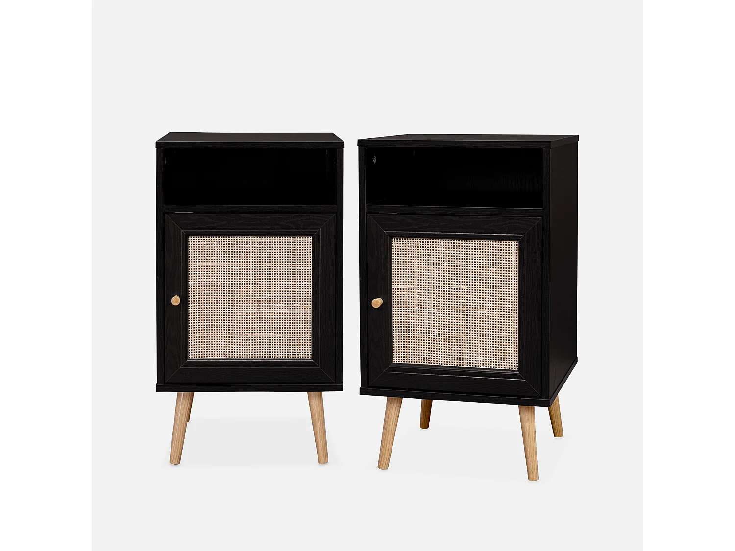 Mesita de noche escandinava con efecto madera y caña, set de 2 negro