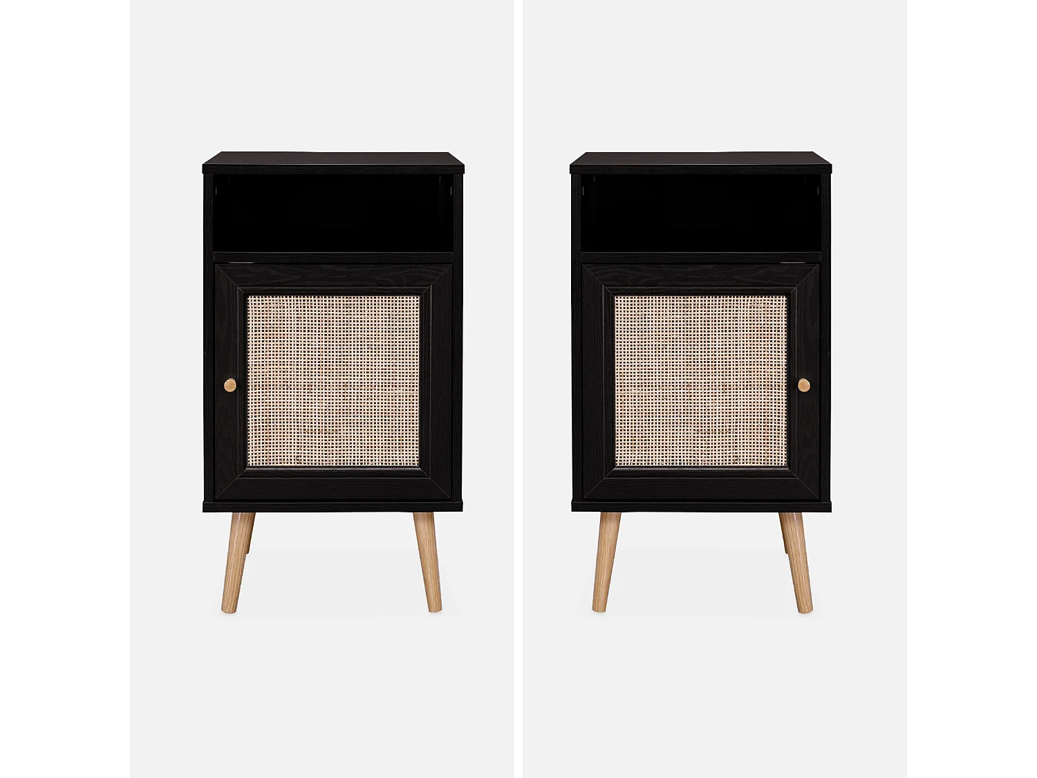 Mesita de noche escandinava con efecto madera y caña, set de 2 negro