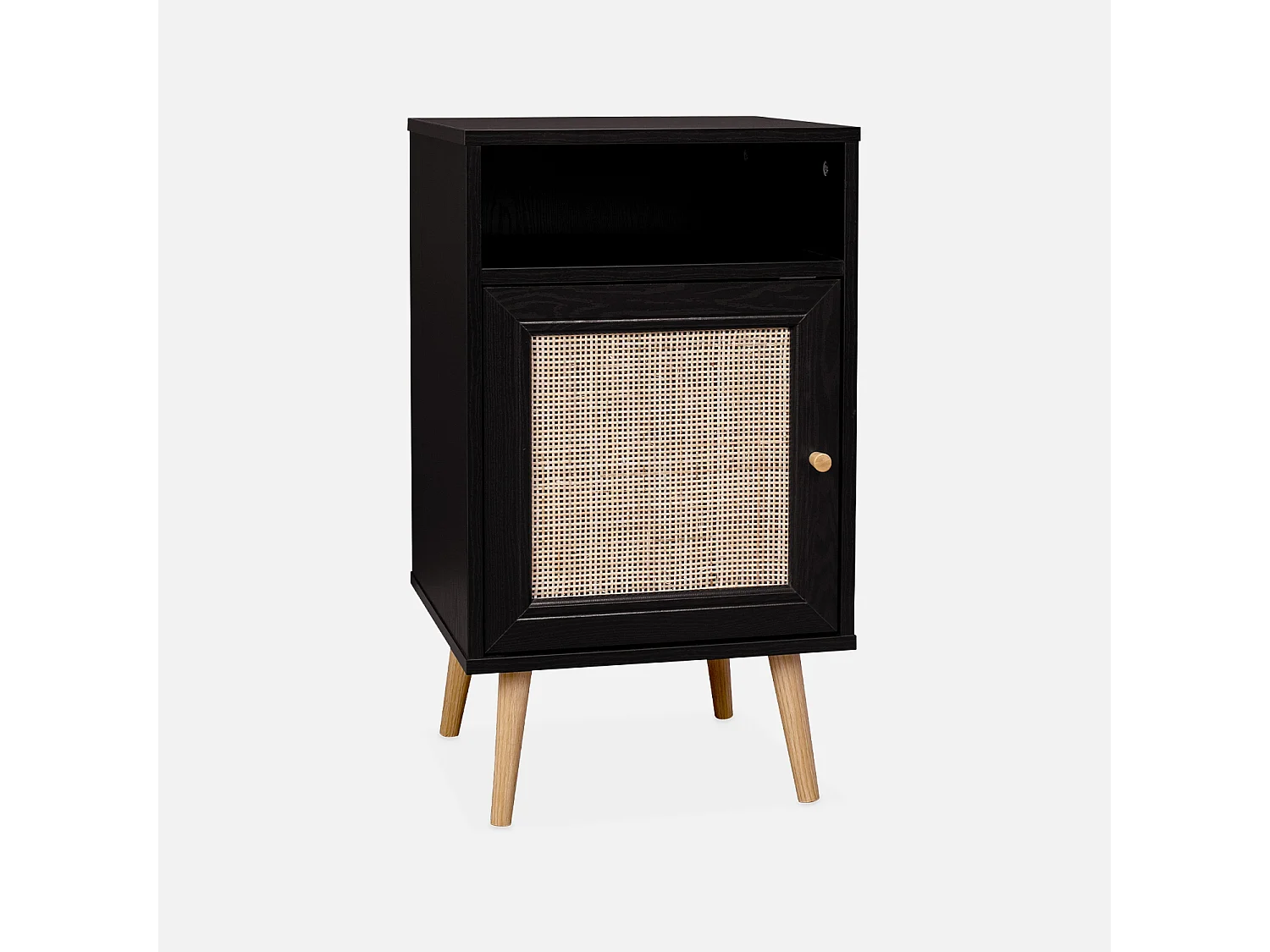 Mesita de noche escandinava con efecto madera y caña, set de 2 negro