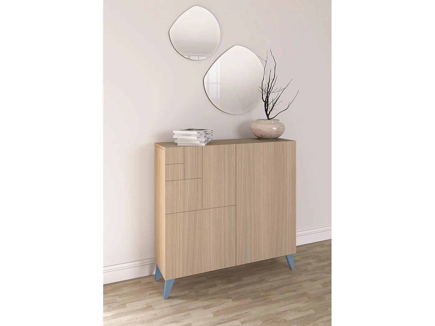 Sapateiro/Móvel organização - H87cm x L90cm x P27cm nogueira clara pernas azul - Bergen