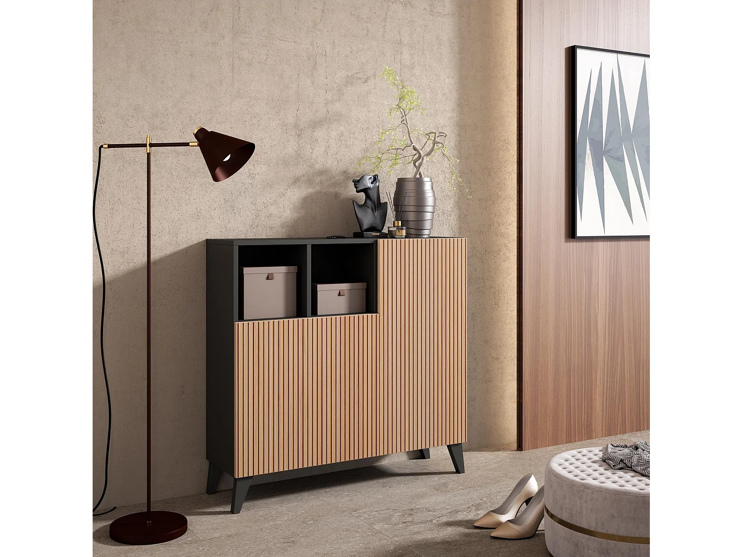 Sapateiro/Móvel organização - H87cm x L90cm x P27cm cinza grafite portas impression serrado - Moss