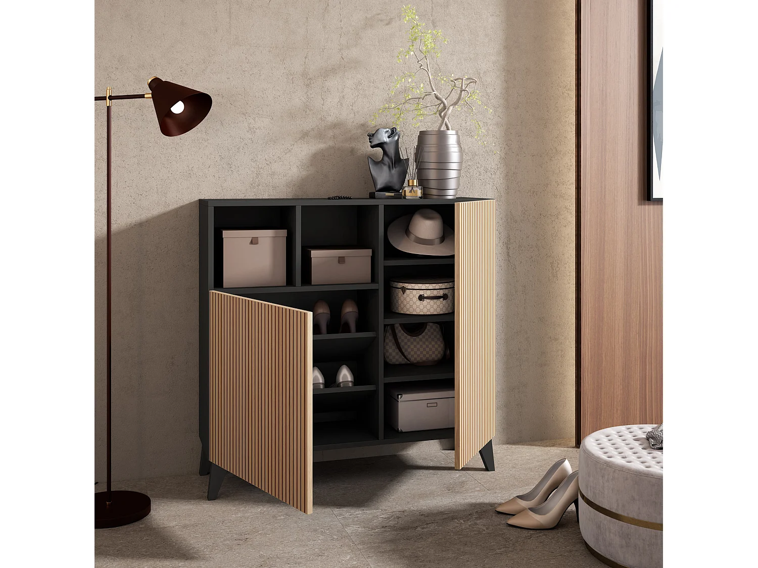 Sapateiro/Móvel organização - H87cm x L90cm x P27cm cinza grafite portas impression serrado - Moss