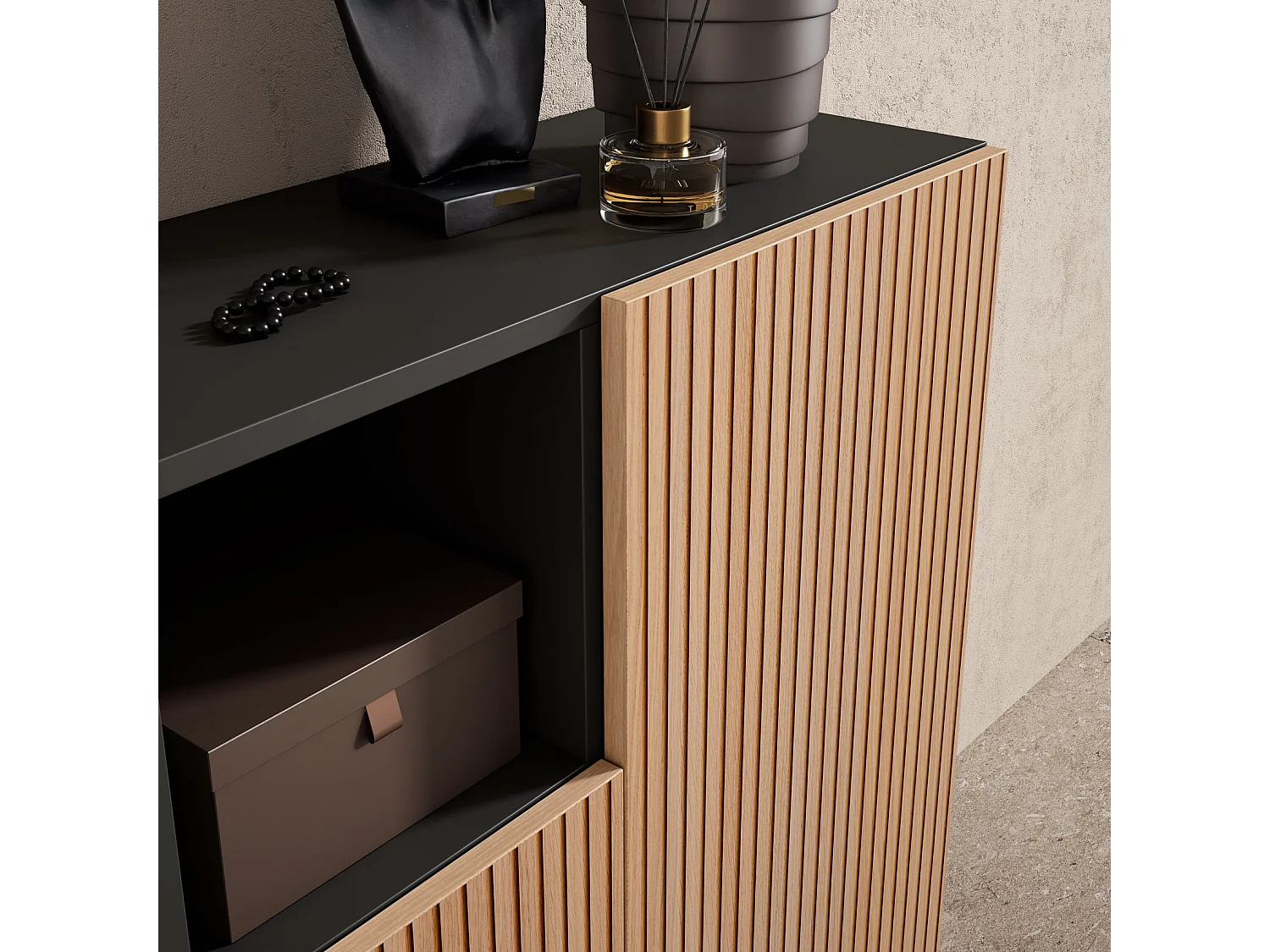 Meuble à chaussures/rangement - H87cm x L90cm x P27cm gris graphite portes impression lattes - Moss