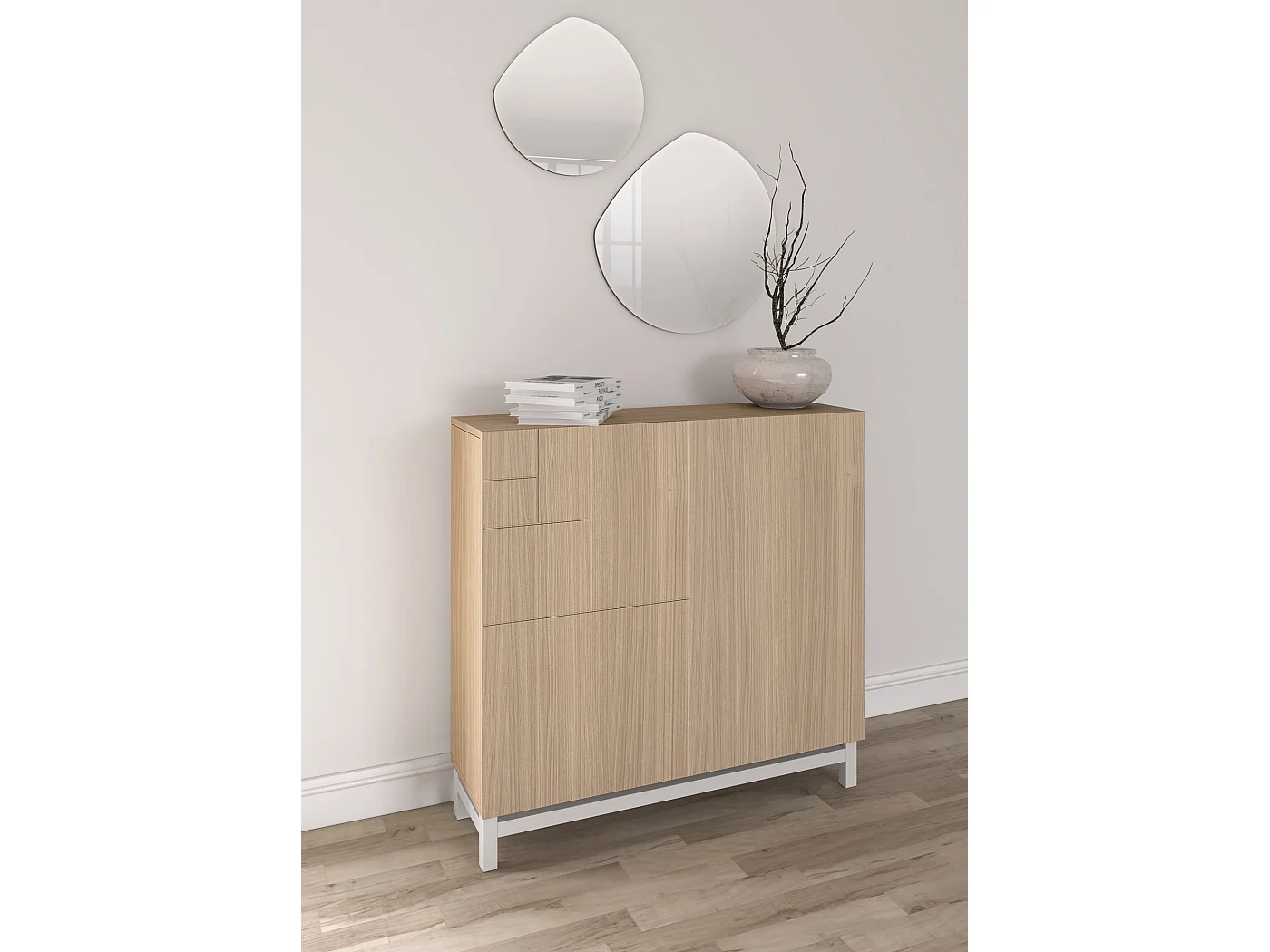 Mueble zapatero almacenaje - A90cm x L90cm x F27cm nogal claro patas blanco - Copenhague