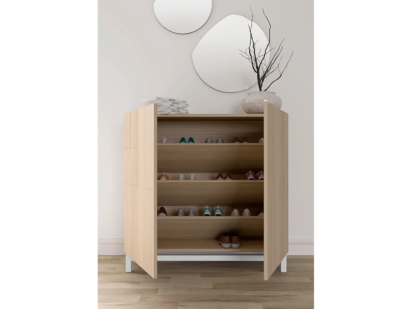Sapateiro/Móvel organização - H90cm x L90cm x P27cm nogueira clara pernas branco - Copenhague