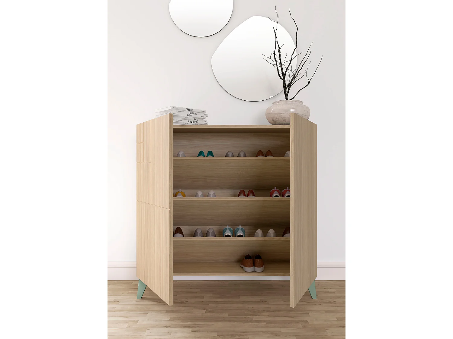 Sapateiro/Móvel organização - H87cm x L90cm x P27cm nogueira clara pernas verde - Bergen