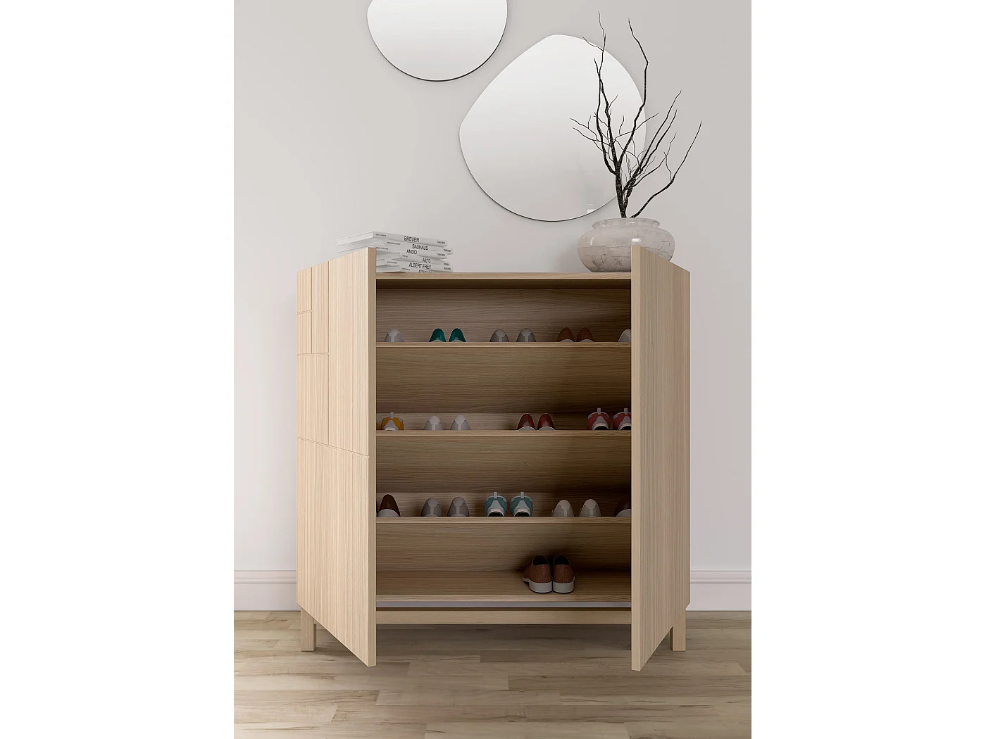 Mueble zapatero almacenaje - A90cm x L90cm x F27cm nogal claro - Copenhague