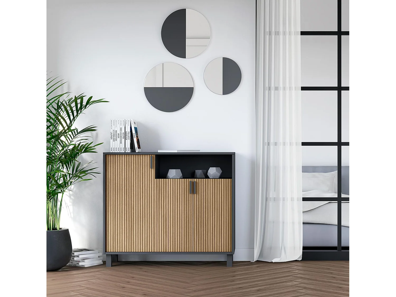 Mueble zapatero almacenaje - A86cm x L100cm x F37cm gris grafito puertas impresión vallado - Gotemburgo