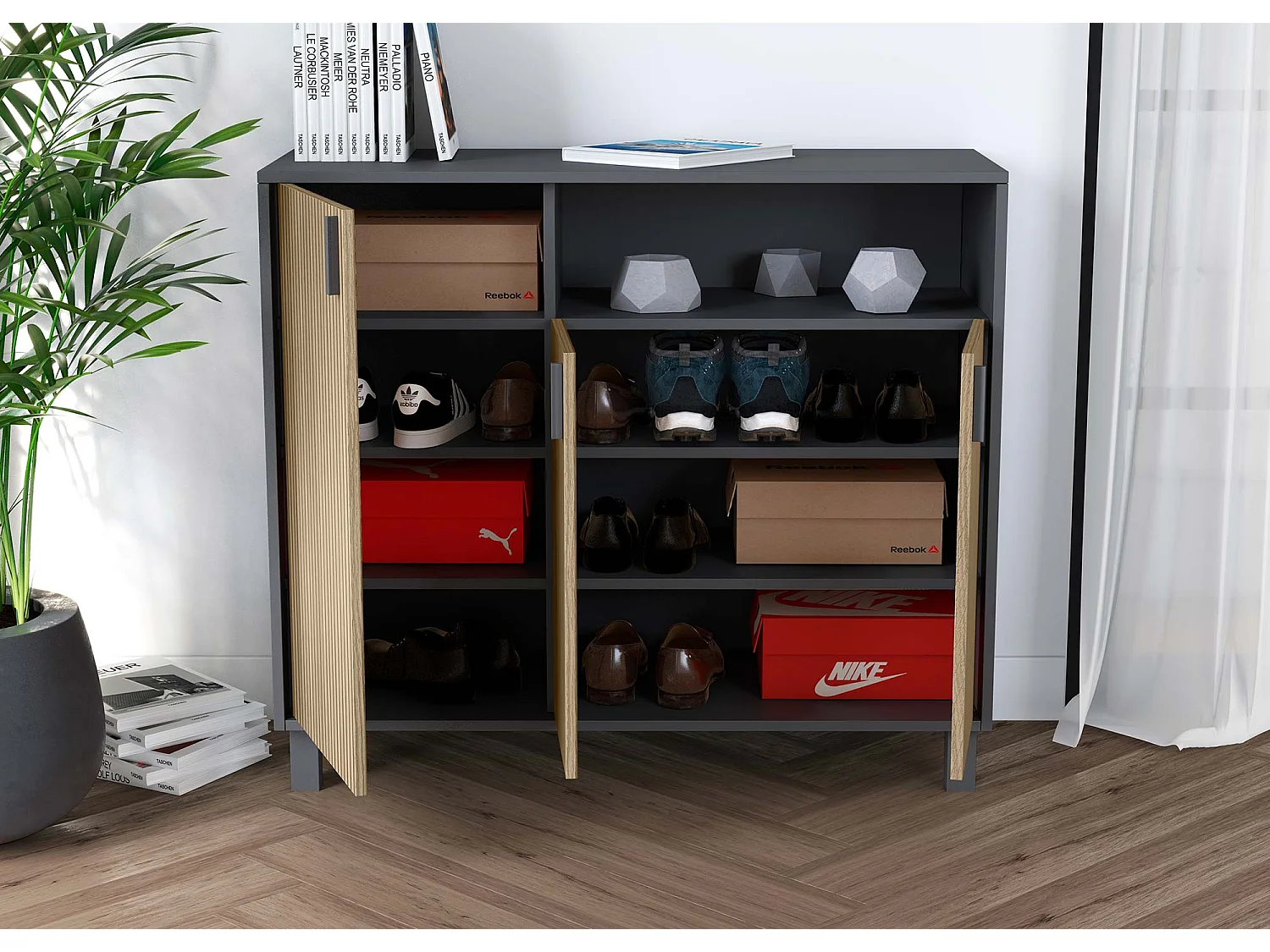 Mueble zapatero almacenaje - A86cm x L100cm x F37cm gris grafito puertas impresión vallado - Gotemburgo