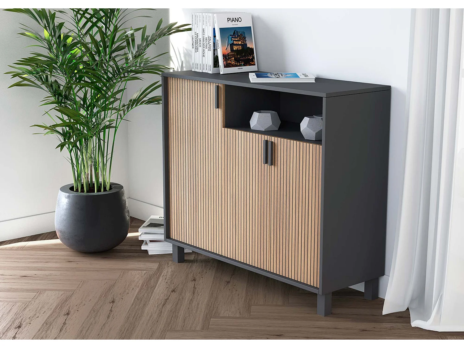 Mueble zapatero almacenaje - A86cm x L100cm x F37cm gris grafito puertas impresión vallado - Gotemburgo