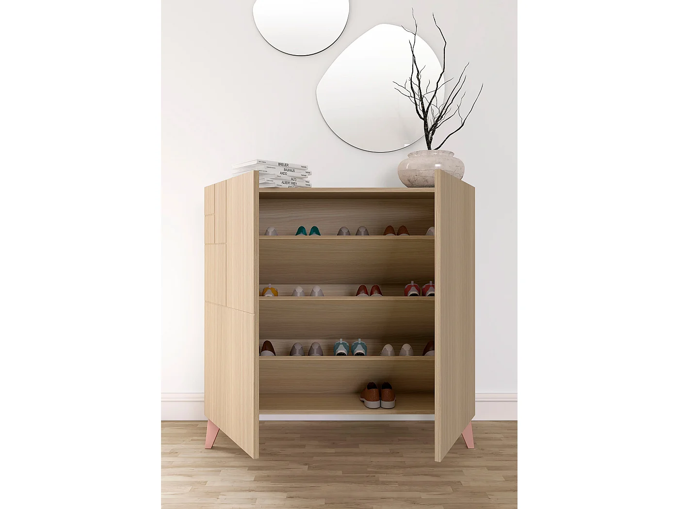 Sapateiro/Móvel organização - H87cm x L90cm x P27cm nogueira clara pernas rose - Bergen