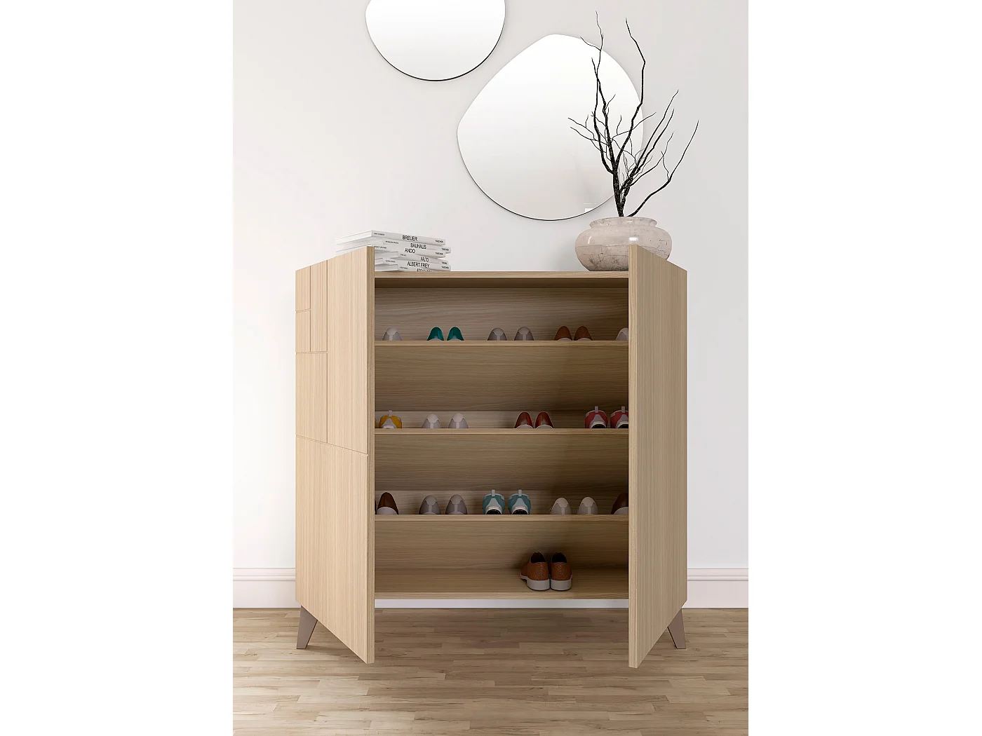 Meuble à chaussures/rangement - H87cm x L90cm x P27cm noyer clair pieds moka - Bergen