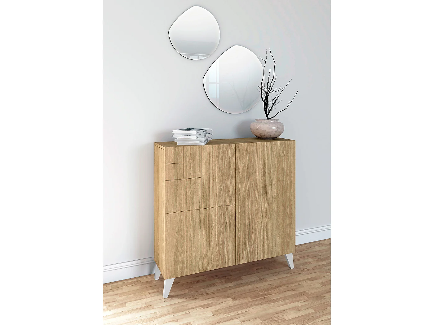 Sapateiro/Móvel organização - H87cm x L90cm x P27cm chêne dore pernas branco – Bergen