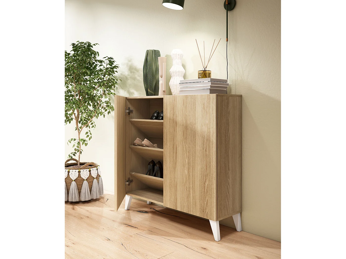 Sapateiro/Móvel organização - H87cm x L90cm x P27cm chêne dore pernas branco – Bergen